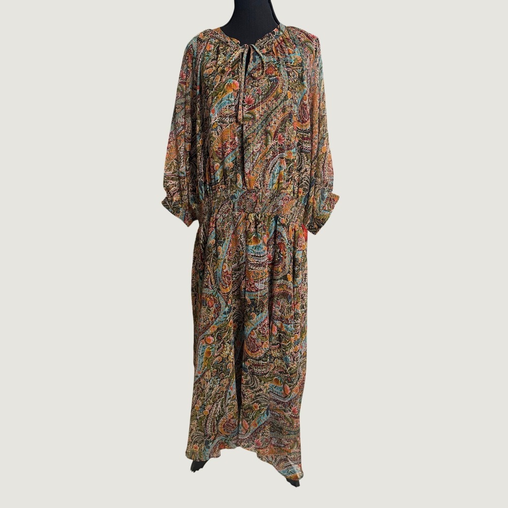Boho Paisley Metallic Lurex Gypsy Smocked 3X NEW Midi Dress Cottagecore